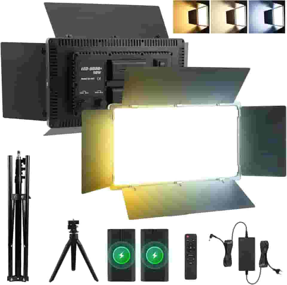 Iluminador LED Profissional 50W, Bicolor 2800K-6500K, 960 LEDs, 2 Baterias 4000mAh, Suporte Mesa 15cm e Tripé 2m
