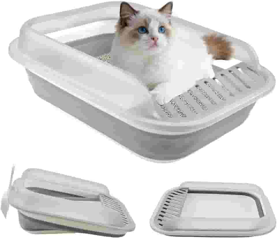 kathson Caixa de areia dobrável para gatinhos, caixa de areia para gatos idosos de baixa entrada semi fechada vaso sanitário com pedal à prova de vazamento panela de areia dobrável para gatos pequenos