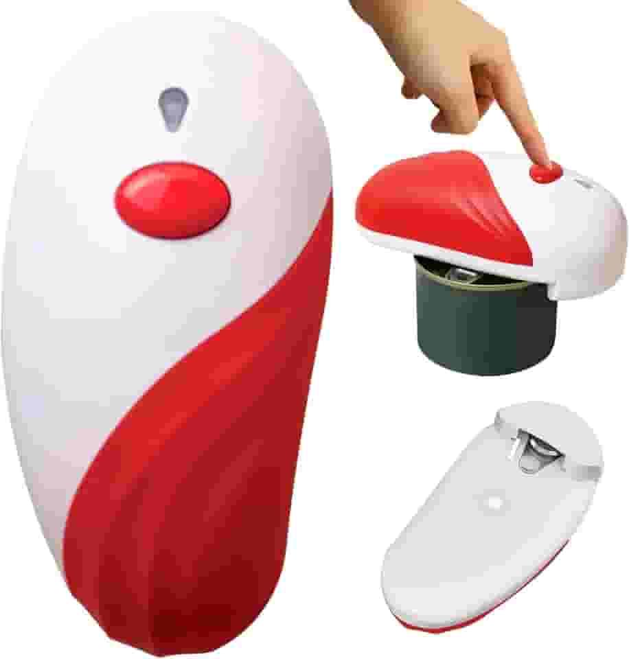 Abridor de lata elétrico para qualquer tamanho de lata, mãos livres, seguro para alimentos, abridor de latas, portátil, operado por bateria, com borda lisa, vermelho