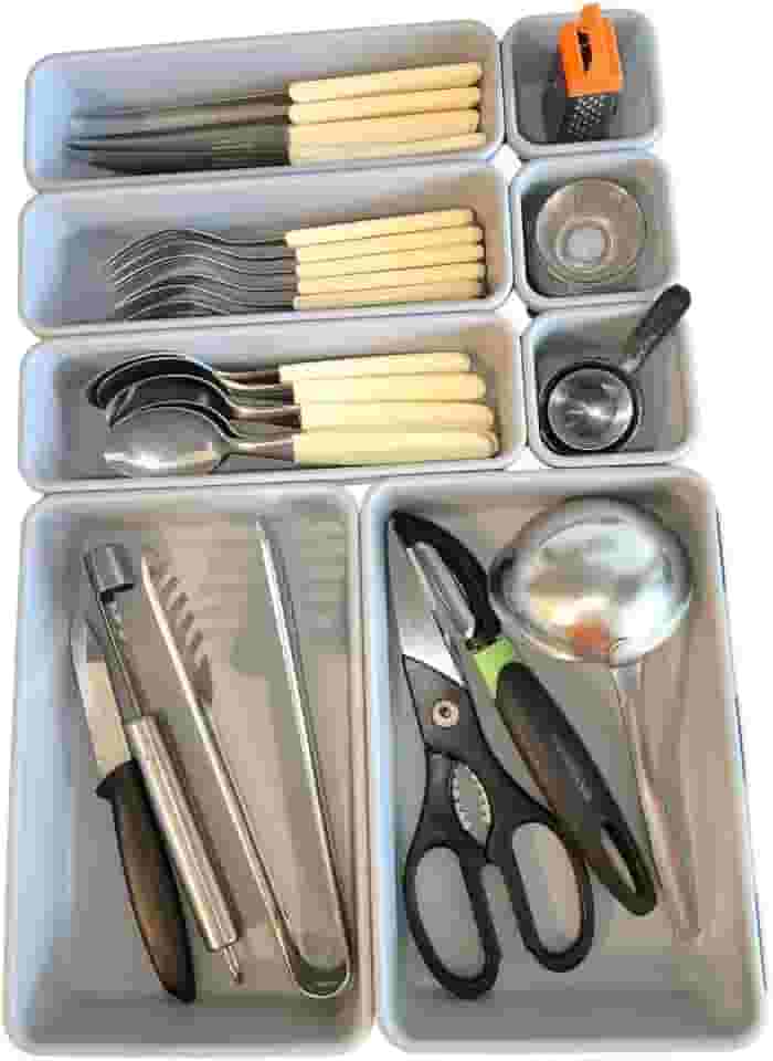 Organizador de Gaveta Modular de Plástico com 8 Divisórias - Cinza - Resistente, Ajustável, Ideal para Talheres