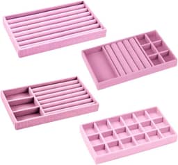 Kit 4 Bandejas Porta Joias Empilháveis em Veludo – Organizador Multiuso para Closet, Gavetas e Armários – Para Brincos, Colares, Pulseiras e Anéis (Rosa)