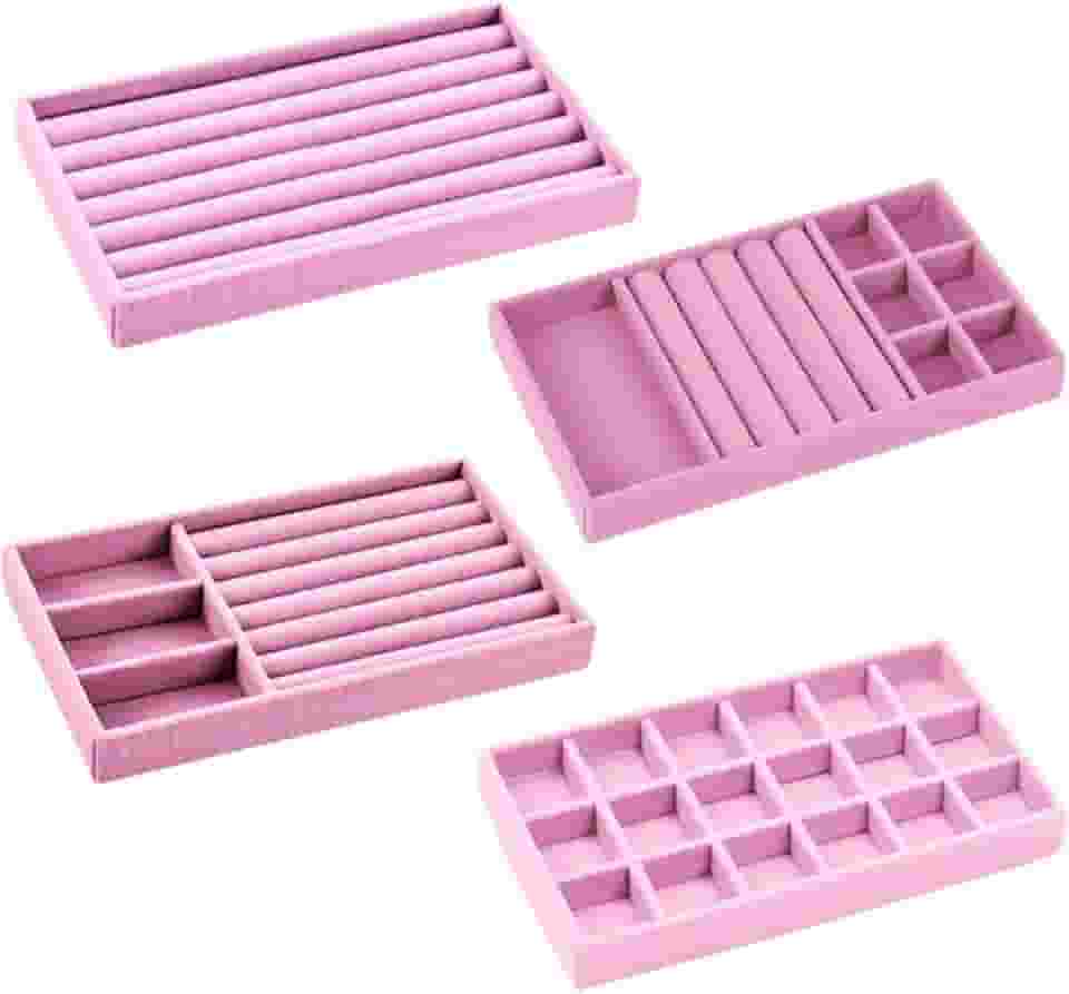 Kit 4 Bandejas Porta Joias Empilháveis em Veludo – Organizador Multiuso para Closet, Gavetas e Armários – Para Brincos, Colares, Pulseiras e Anéis (Rosa)