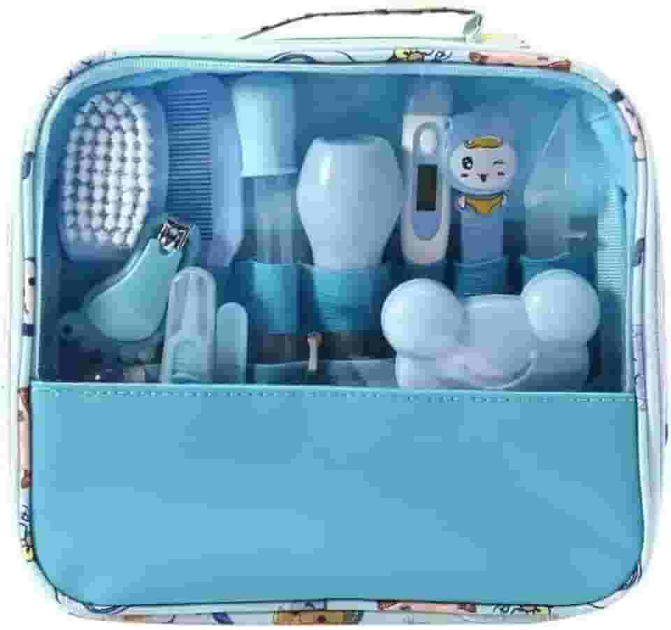 Kit Higiene Bebe - Estojo Cuidado Bebe com 13 em 1 - Bolsa Bebe Organizada e Completa com Tesoura, Pente para Bebe, Termometro, Cortador de Unhas, Lixa de Unhas e outros - Livre de BPA - Linha Premium (Kit Azul)
