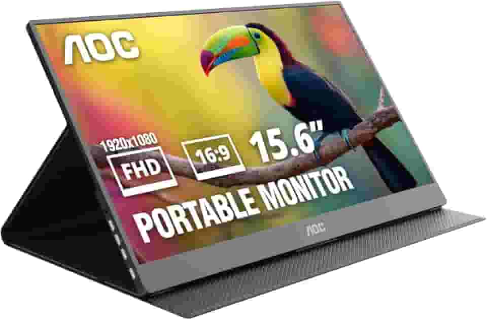 AOC Monitor portátil 16T20 de 15,6 polegadas FHD 1920 x 1080, painel IPS, alto-falantes, USB tipo C x2, mini HDMI x1, capa inteligente premium, compatível com console de jogos