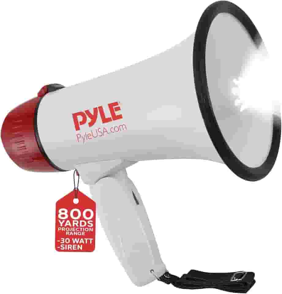 Pyle Alto-falante Megaphone PA Bullhorn – sirene integrada e luzes de LED – 30 watts e controle de Vol. Ajustável – para futebol americano, beisebol, basquete, torcedores, treinadores de torcida e furadeiras de segurança (PMP37LED)
