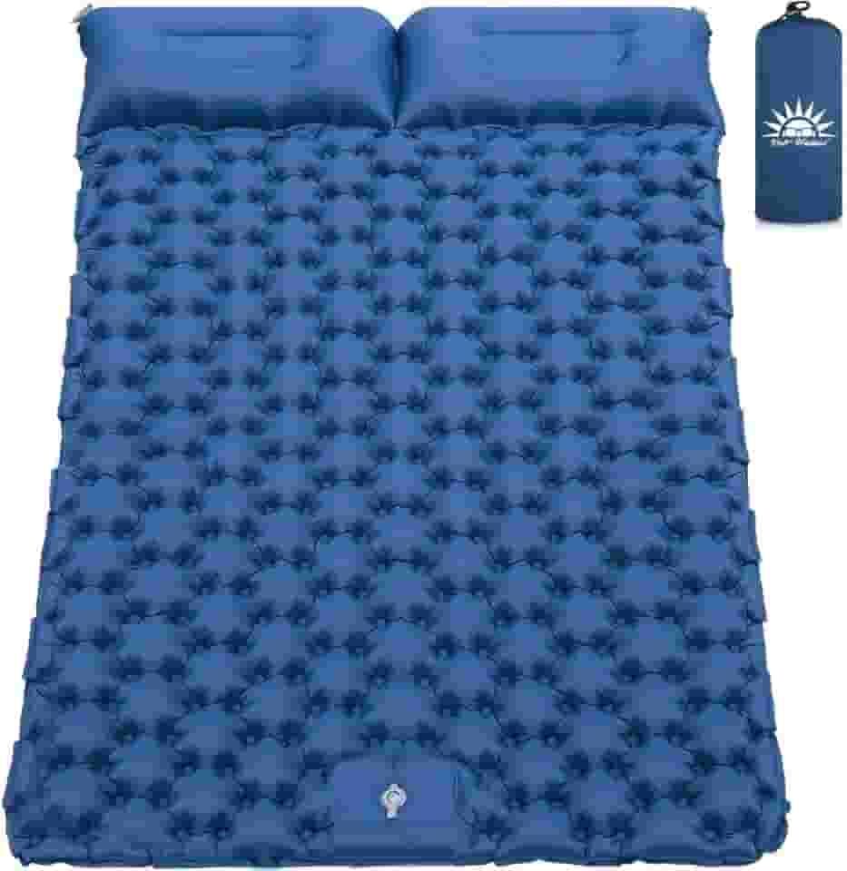 Colchão Inflável para Camping Casal com Travesseiro, Compacto e Resistente, 195 * 132 * 8cm (Azul)