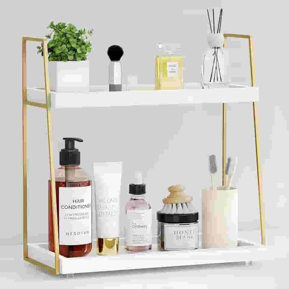 Organizador de bancada de banheiro, organizador de balcão para pia de banheiro, prateleira de madeira para armazenamento de maquiagem, bandeja de banheiro com suporte de 2 camadas para bancada, vaso