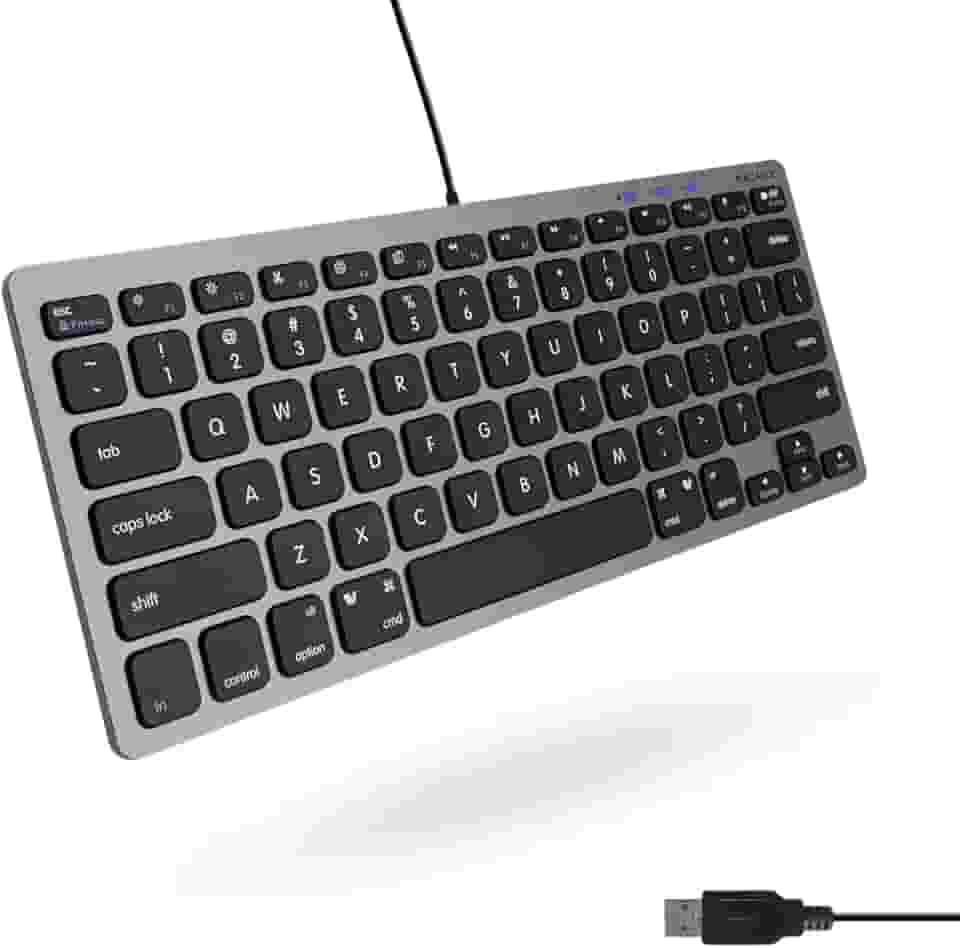 Macally Teclado USB pequeno com fio para Mac e Windows 78 teclas de tesoura, teclado Apple compat vel com 13 atalhos Mini teclado USB compacto para computador que economiza espa o e fica timo cinza espacial