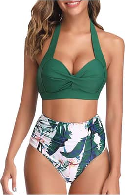 Conjunto de biquíni feminino, duas peças, frente única, cintura alta franzida