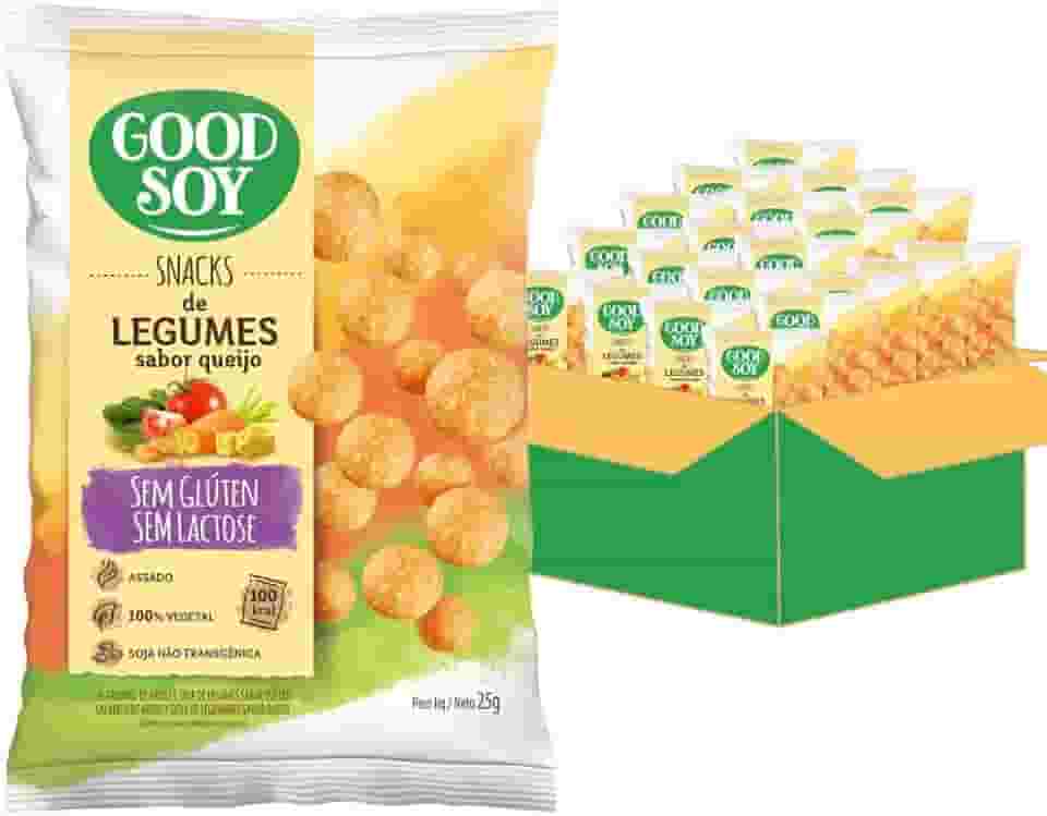 Caixa de Salgadinhos Sem Glúten Sem Leite Sem Lactose Com Legumes sabor queijo GoodSoy Snacks - 20 unidades de 25g