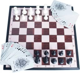 Kit Jogo Xadrez e Dama Tabuleiro Profissional Dobrável Magnético + Baralho Duplo com Estojo 2 em 1