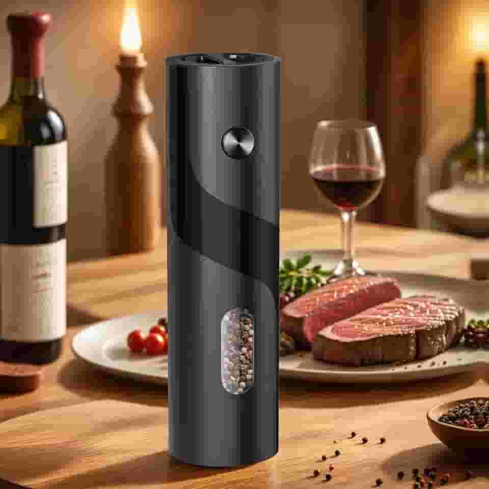 Moedor elétrico de sal e pimenta, moedor de especiarias, moedor de pimenta automático com uma mão, grossura ajustável, moedor de 110 ml