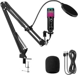 Microfone Condensador RGB, Microfone de Mesa, Microfone Gamer – Com Cancelamento de Ruído, Conexão USB Plug-and-Play, Controle de Volume e Eco, Braço Articulado – Ideal para Stream, Gravação, Podcast