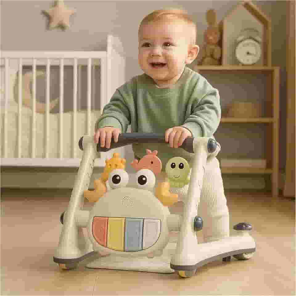 PIPDIP SUPER Centro de Atividades Andador Infantil, 5 em 1, Musical, Ajuste de Altura, Iluminação, Regulador nas Rodinhas, Com Tapetinho, Branco com Azul.