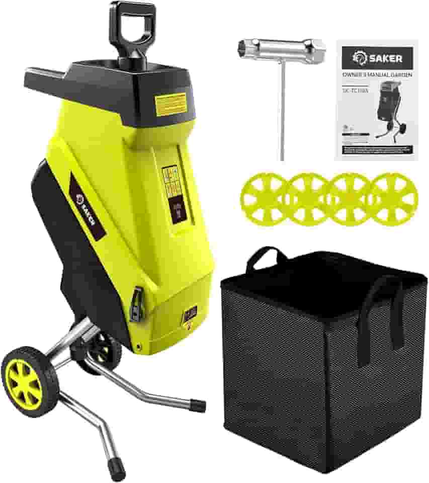 Saker Triturador elétrico de madeira com fio de 15 Amp, corte de 4,6 cm com saco de coleta, lâmina dupla face para cortar galhos folhas, grama, recortes, detritos de quintal SK-TC110A