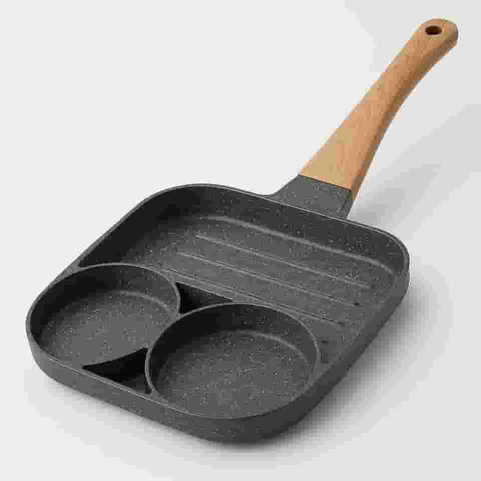 Frigideira Antiaderente Multifuncional 3 em 1 com Cabo de Madeira – Ideal para Fritar Ovos, Legumes e Carnes, Fácil de Usar e Limpar – Premium