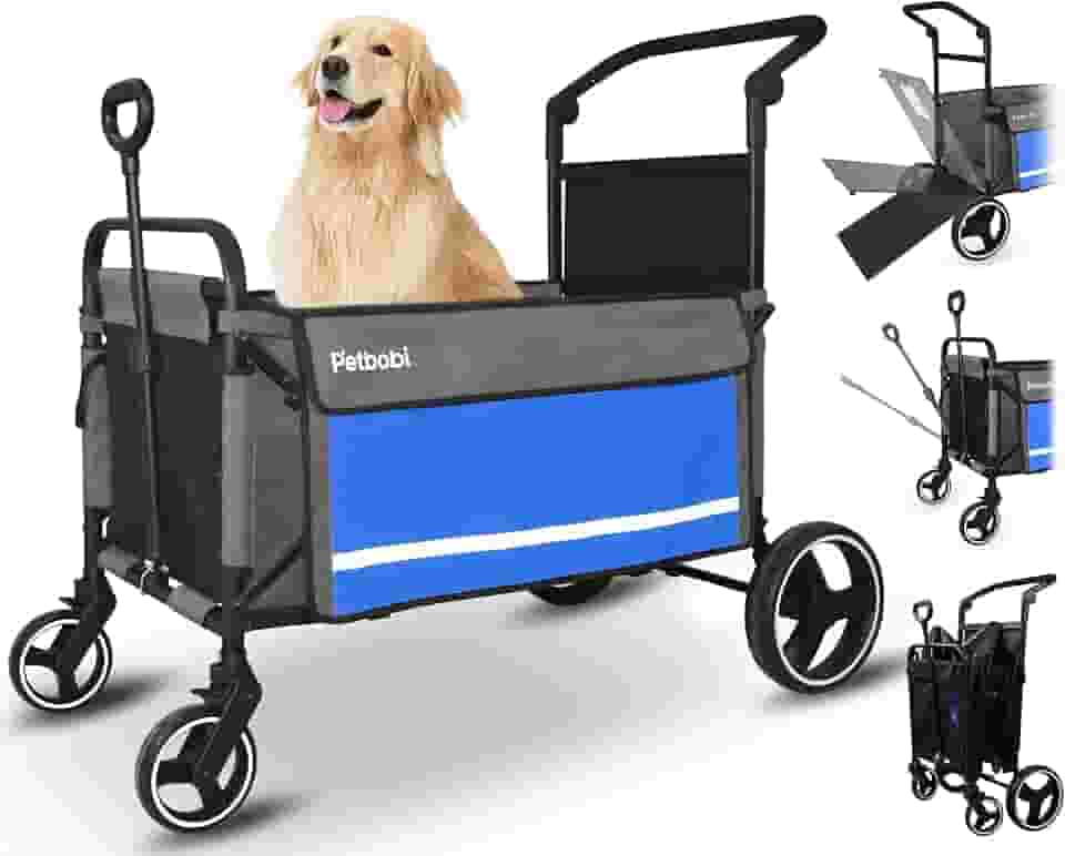 Petbobi Carrinho De Passeio Para Cães Grandes - Todo-Terreno Retrátil, Dobrável Cães, Vagões Com Freio Um Pé E Rampa, Fácil Animais Estimação Idosos Médio Porte Entrarem Saírem, Ideal Caminhadas, Az