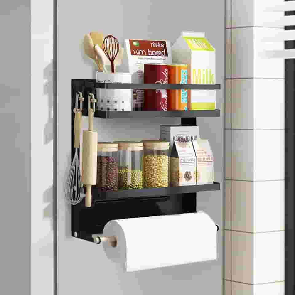 Suporte Organizador Magnético Porta-temperos para geladeira, Prateleira Magnética com Suporte de toalha de papel, Prateleira de Armazenamento de Geladeira de Cozinha de 2 camadas