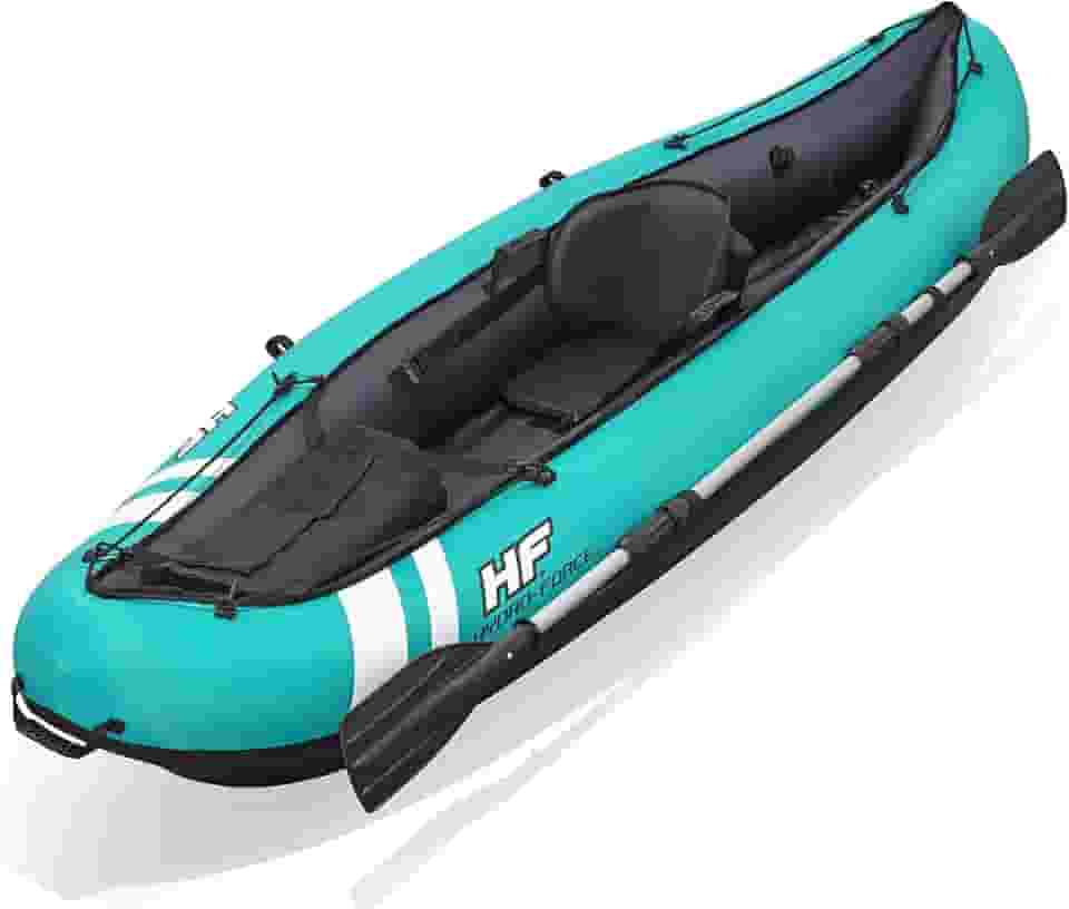 Bestway Hydroforce Ventura Kayak Conjunto de barco inflável para 1 pessoa, conjunto de barco inflável com bomba manual, remo e bolsa de armazenamento, vários estilos, azul claro