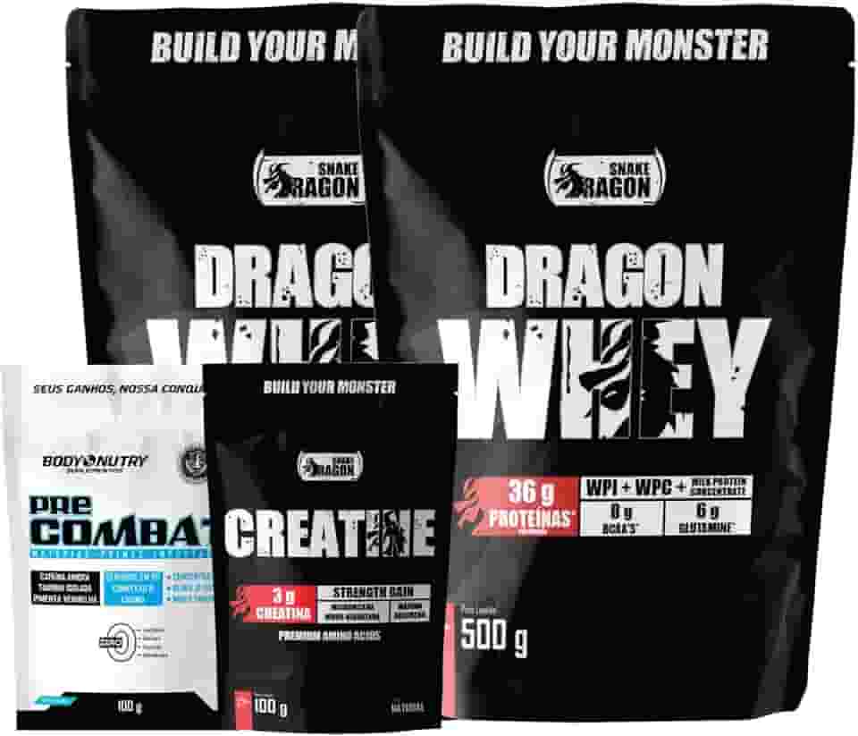 Kit 2x Whey Protein Concentrado Isolado Ganho Muscular 500g + 1x Creatina Monohidratada Suplemento em Po 100g + Pre Treino Pre-Workout Pre Combat 100g (2x 500g, Vitamina de Banana)