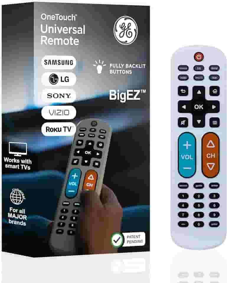 GE Controle remoto universal de TV BigEZ OneTouch para idosos, fácil de usar, controle remoto de substituição para Samsung, LG, Sony, Vizio, Roku TV, reprodutores de streaming, botões retroiluminados