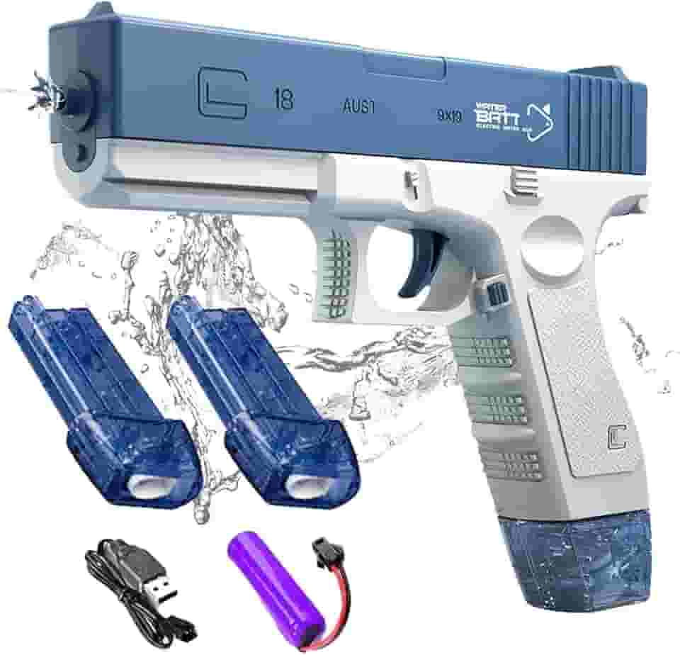 Pistola de Água Elétrica Battl Aqua, Bateria Recarregável, 10m Alcance, 2 Pentes, Azul e Branco