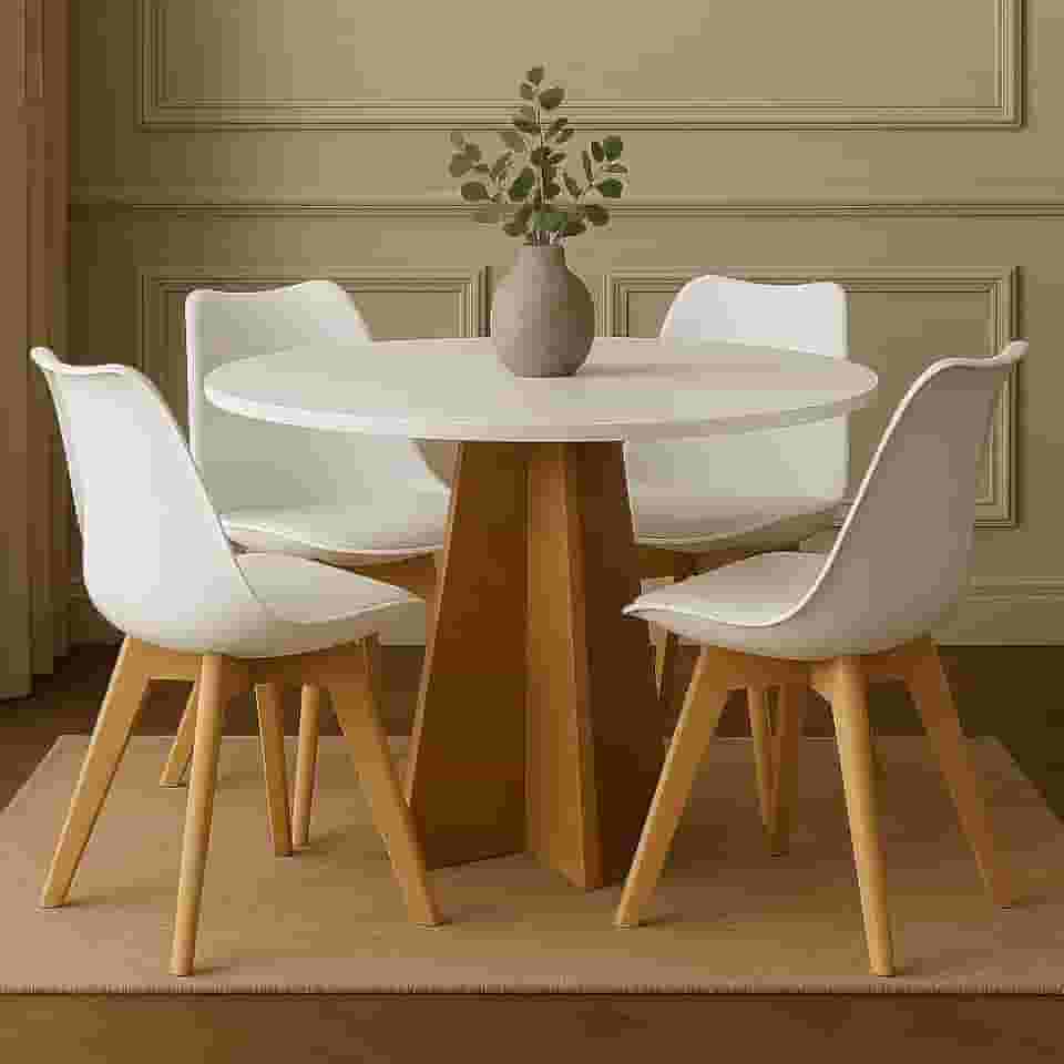 Conjunto Mesa Madeira Redonda Branca 90cm + 4 Cadeiras Leda Pés Madeira Sala Jantar Cozinha Moderna (Cadeiras Brancas)