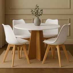 Conjunto Mesa Madeira Redonda Branca Off White 90cm + 4 Cadeiras Leda Pés Madeira Sala Jantar Cozinha Moderna (Cadeiras Brancas)