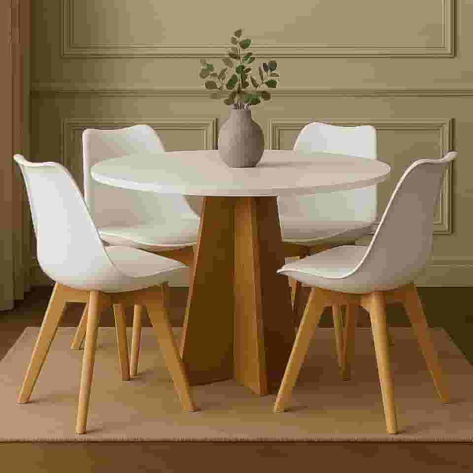 Conjunto Mesa Madeira Redonda Branca Off White 90cm + 4 Cadeiras Leda Pés Madeira Sala Jantar Cozinha Moderna (Cadeiras Brancas)
