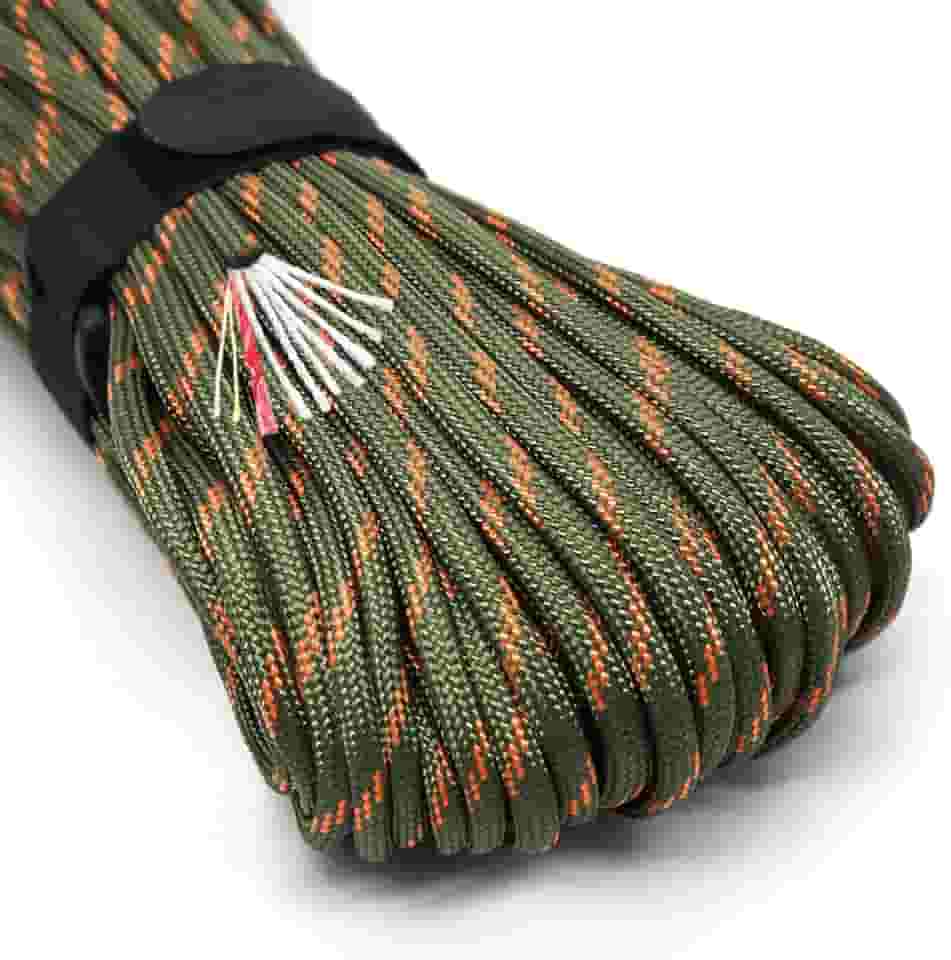 Corda de paraquedas Survival Paracord PSKOOK 100 pés Fire Starter Corda de paraquedas 7 fios Nylon com Tinder Vermelho Linha de pesca PE Fio de algodão para cordões ao ar livre, pulseiras, envoltórios