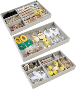 Kit Organizador de Joias com 3 Bandejas de Veludo, Compartimentos para Anéis, Brincos, Colares e Pulseiras, Cinza, Porta Jóias - Organização (Cinza)