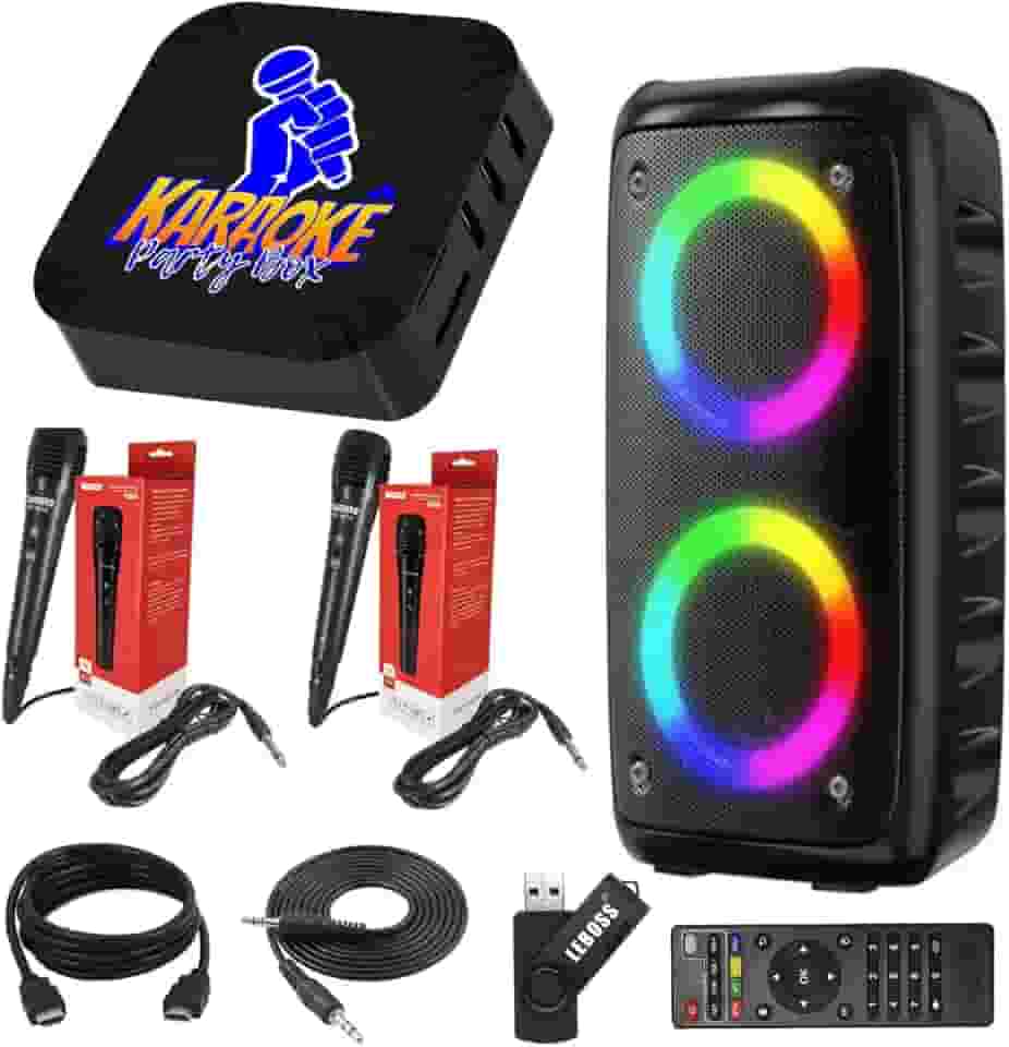 Karaoke Party Box Preto Completo +2 Microfones + Caixa de Som (Sistema Com Pontuação) +De 2000 Músicas