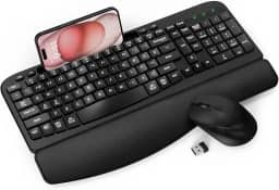 Combo de teclado e mouse sem fio, teclado ergonômico Wave Keys com descanso almofadado, suporte de telefone, conjunto de mouse sem fio silencioso de 6 botões de 2,4 GHz para laptop, PC, Windows, Mac