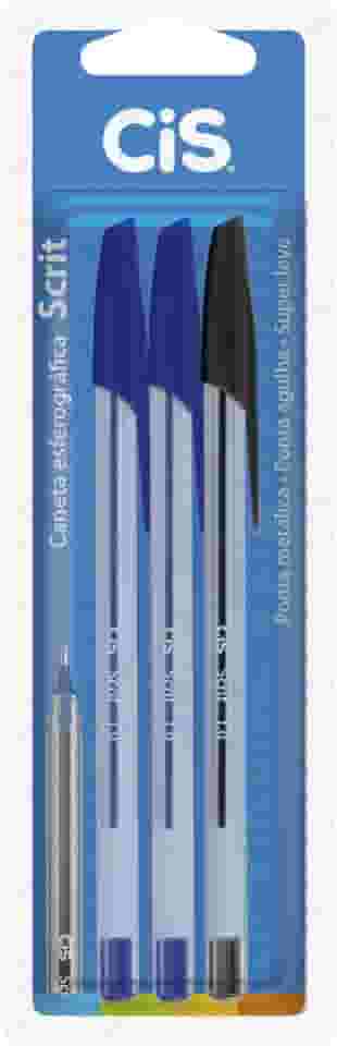 Caneta Esferográfica Scrit 1.0mm, CIS, Blister c/3 unidades (2 Azul, 1 Preta)