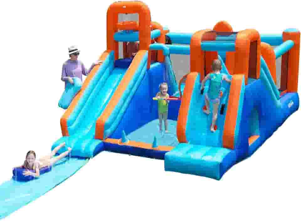 AirMyFun Casa De Salto Inflável, Segurança E Toboágua Duplo Com Ventilador De Ar, Casa De Brincar Com Piscina De Bolinhas, Escorregador Infantil Inflável, Castelo De Salto Com Multifuncional