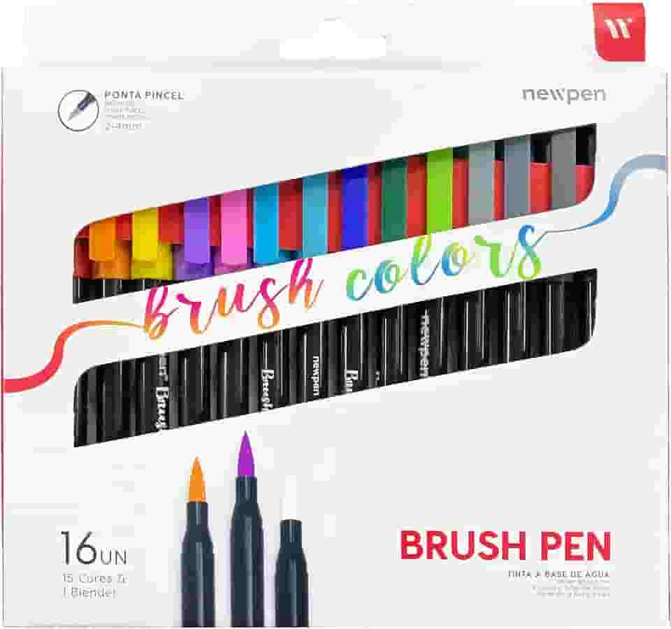 Caneta Ponta Pincel, Newpen, Brush Pen, Newpen, 15 Cores + 1 Blender, 16 unidades