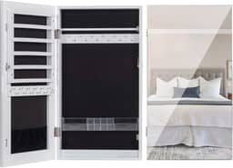 LAVIEVERT Armário de joias com trava e espelho sem moldura, organizador de exibição de joias com compartimentos para batom montado na parede/porta - branco