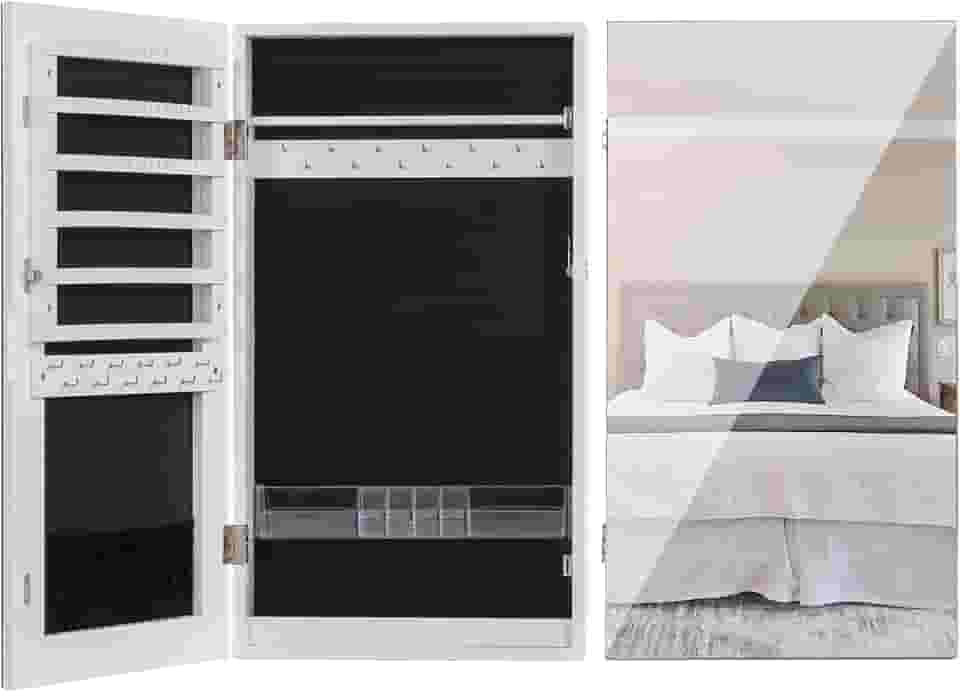 LAVIEVERT Armário de joias com trava e espelho sem moldura, organizador de exibição de joias com compartimentos para batom montado na parede/porta - branco