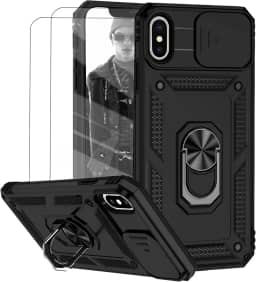 Capa para iPhone X e iPhone XS Capinha | com 2 peças de protetor de tela temperado com janela deslizante da câmera e suporte para telefone incluídos - Preto