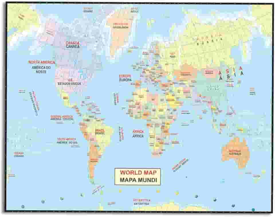 Mapa Mundi Bilingue Inglês Português Poster Geográfico Politico Estudos