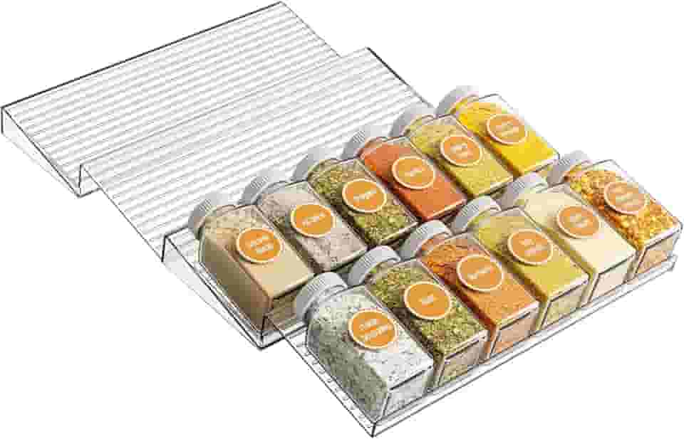 Yieach Pacote com 4 organizadores de especiarias ajustáveis na gaveta – expansível de 28 a 55 cm – Organizador de temperos de acrílico, bandeja transparente para organizar temperos, condimentos