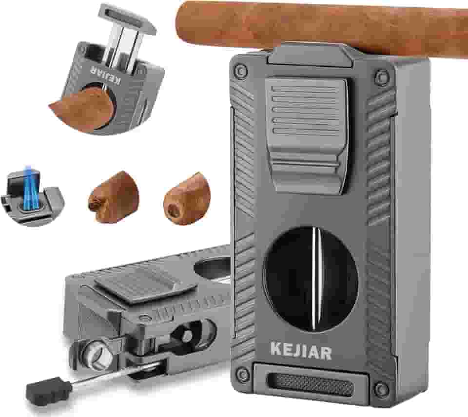KEJIAR Isqueiro de butano recarregável com cortador de corte em V, furador, suporte, realçador de puxar, isqueiros multifuncionais à prova de vento com chama de jato duplo para fumar (cinza)
