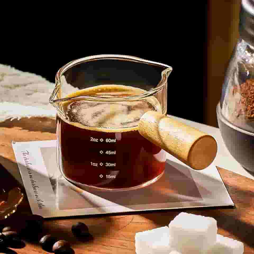 Copos de café expresso com boca em forma de V, copos de café expresso com cabo de madeira, copo medidor de vidro de bico duplo com escala, acessórios de café expresso, 100 ml