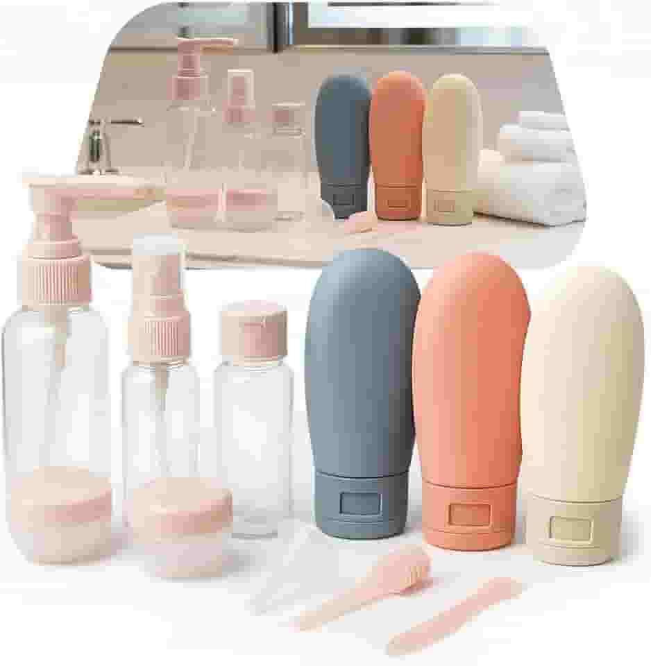 Kit Frascos de Viagem 11 Peças com Necessaire Frascos Silicone Reutilizáveis para Shampoo Condicionador Sabonete Creme Alcool em Gel Maquiagem Cosmeticos Avião Nacional e Internacional
