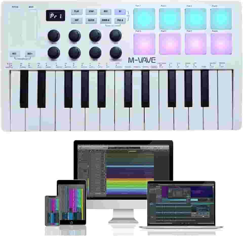 Controlador de teclado MIDI USB M-WAVE de 25 teclas com 8 pads de bateria retroiluminados, teclado dinâmico profissional semipesado Bluetooth, 8 botões e produção musical, software incluído (branco)