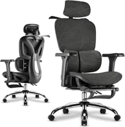 Cadeira de Escritório Ergonômica Preta com Rede Mesh - Apoio Lombar, Headrest e Braços 3D Ajustáveis, Descanso para Pernas e Rodas Silenciosas - Para Longas Jornadas no Trabalho e Jogos (150kg)