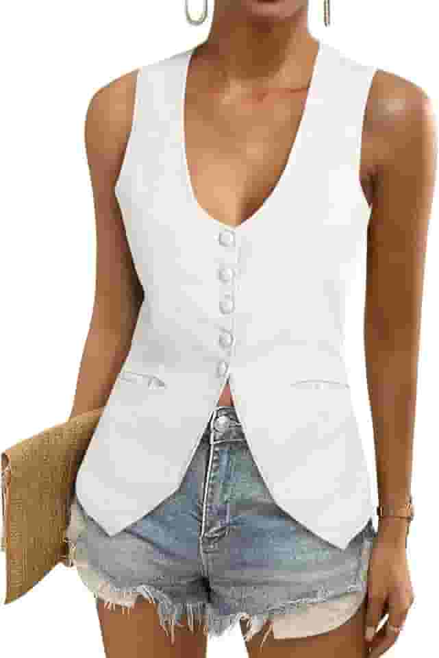 Blazer feminino de linho de verão sem mangas com gola canoa para trabalho casual de algodão