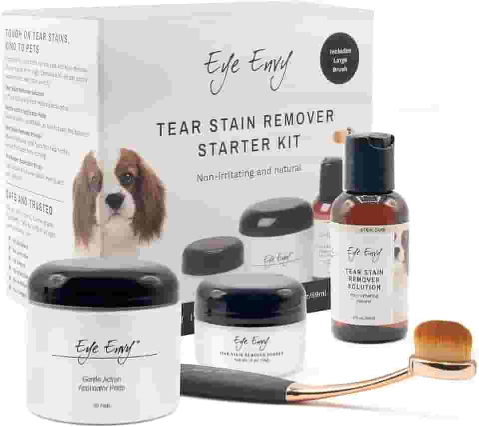 Eye Envy Kit inicial de removedor de manchas de lágrimas para cães com escova ProPowder | Solução de manchas, almofadas aplicadoras, pó de manchas e pincel aplicador grande | Dura de 30 a 45 dias