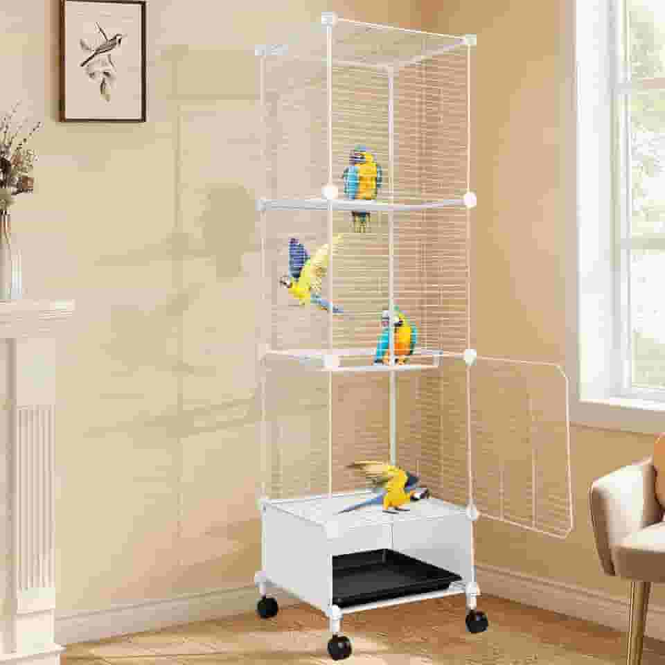 Gaiola para Calopsita, 132 * 37 * 37cm, Viveiro para Papagaio Grande, Gaiola Calopsita, Viveiro para Calopsita com Vara de Pouso, Rodízios Giratórios e Bandeja, Branco
