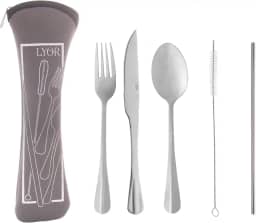 Conjunto 6 Peças Estojo de Neoprene Cinza com 3 Talheres Positano Canudo e Escovinha - Lyor